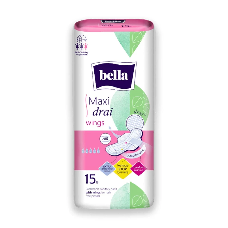 Bella Maxi Drai Wings Classic Sanitary Napkins, 15 Pads-1.webp